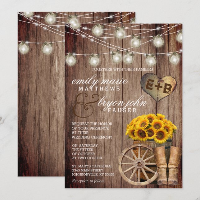 Beautiful Rustic Wood Barrel and Sunflowers Invitation (Front/Back)