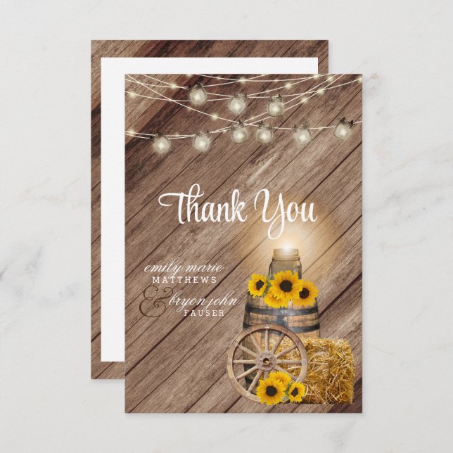 Beautiful Rustic Wood Barrel and Sunflowers Thank You Card (Front/Back)