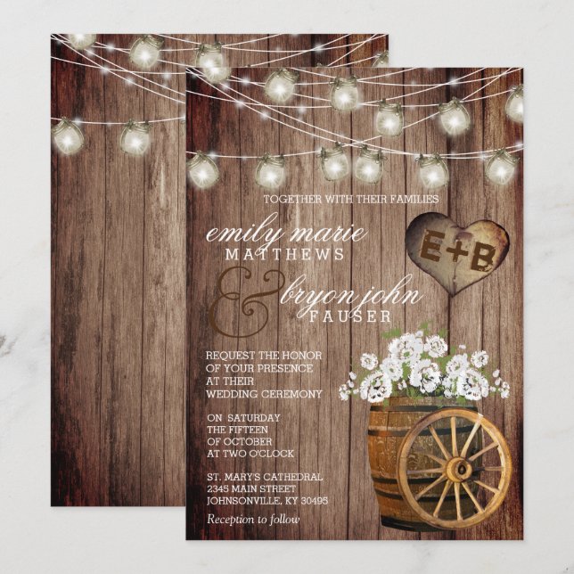 Beautiful Rustic Wood Barrel & White Flowers  Invitation (Front/Back)