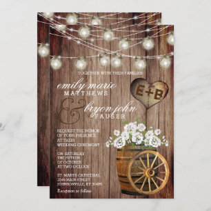 Beautiful Rustic Wood Barrel & White Flowers Invitation
