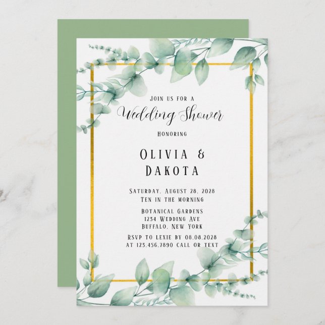 Beautiful Sage Green Greenery Gold Wedding Shower Invitation (Front/Back)