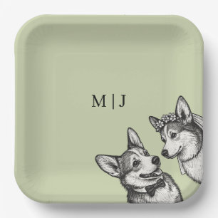 Beautiful Sage Green - Whimsical Corgi Wedding  Paper Plate