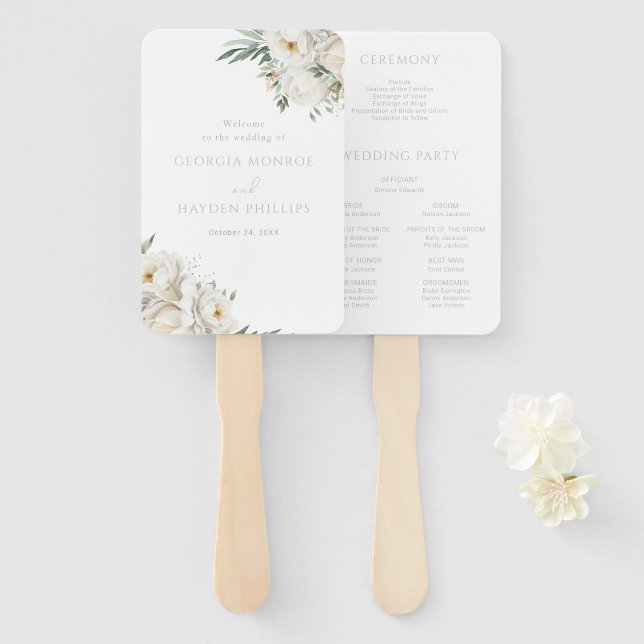 Beautiful Sage Leaf & White Flower Wedding Program Hand Fan (Front and Back)