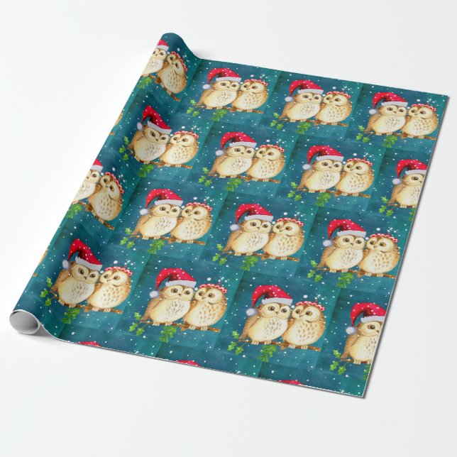 Beautiful Santa Owls Christmas  Wrapping Paper (Unrolled)