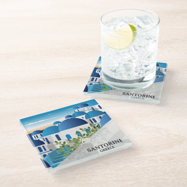 Beautiful Santorini Greece Glass Coaster (Angled)