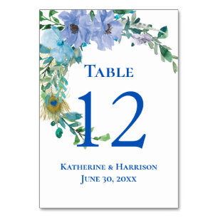 Beautiful Sapphire Blue Watercolor Floral Wedding Table Number