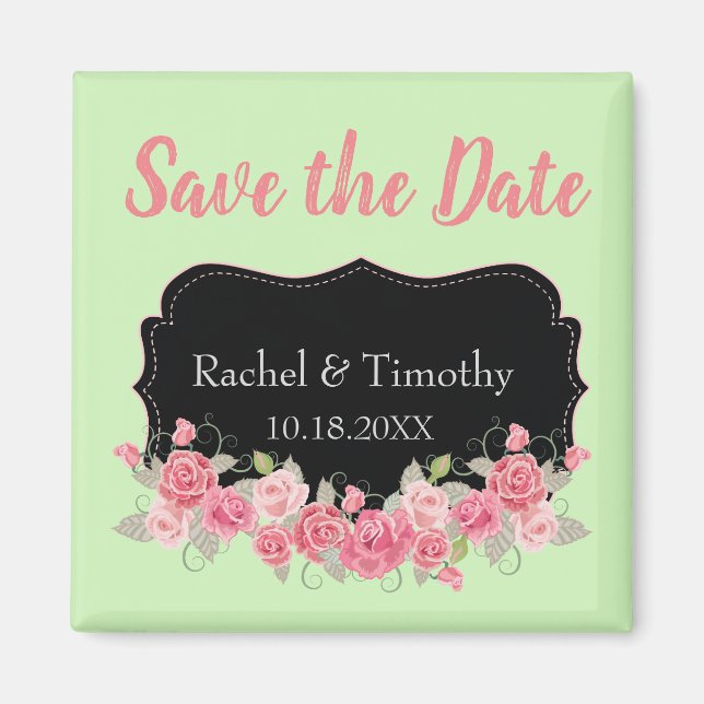 Beautiful Save the Date Wedding Pink and Green Magnet (Front)