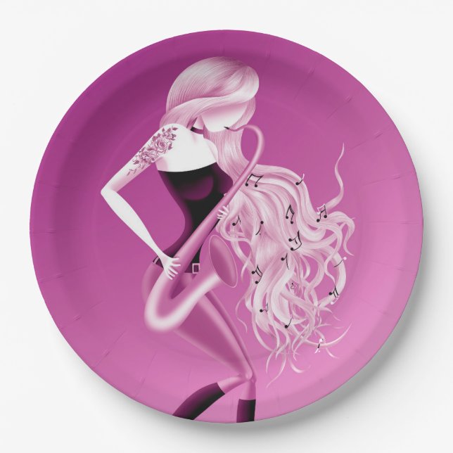 Beautiful Saxophonist Pink Paper Plate (Front)