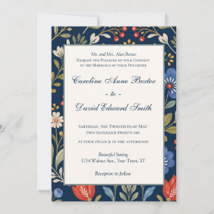 Beautiful Scandinavian Wildflowers on Navy Blue Invitation