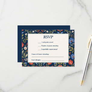 Beautiful Scandinavian Wildflowers on Navy Blue RSVP Card