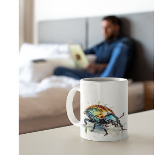 Beautiful scarab beetle in rainbow colours close u coffee mug