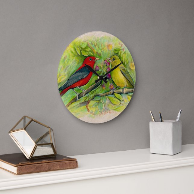 Beautiful Scarlet Tanagers Watercolor Art Large Clock (Office)