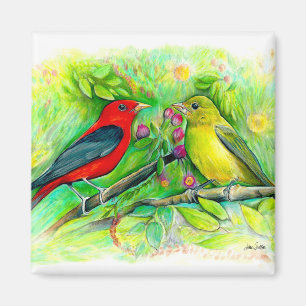 Beautiful Scarlet Tanagers Watercolor Painting Magnet