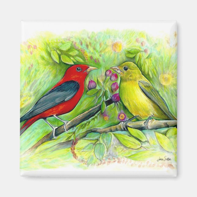 Beautiful Scarlet Tanagers Watercolor Painting Magnet (Front)