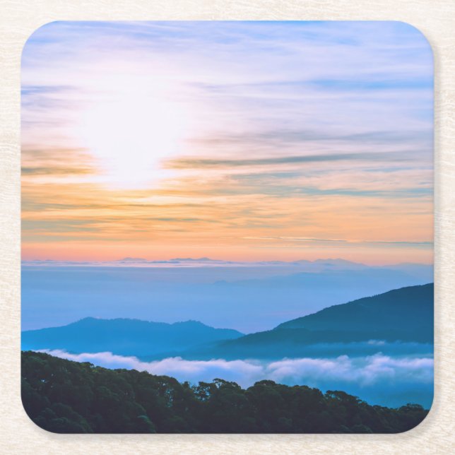 Beautiful Scene of Fog with Mountains Square Paper Coaster (Front)