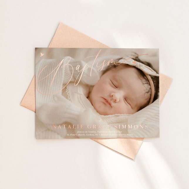 Beautiful Script Baptism  (Elegant rose gold baptism invitation mockup shown with envelope in natural lighting)