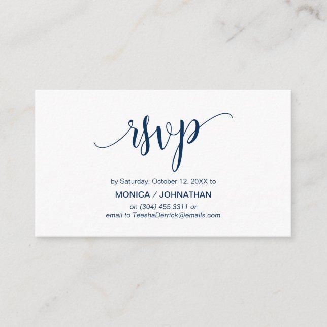 Beautiful Script, Navy Blue, RSVP respond Enclosure Card (Front)