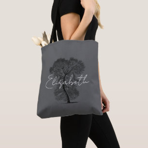 Beautiful Script Personalized Name Grey Tree Tote Bag
