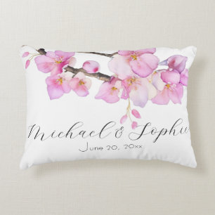 Beautiful script pink watercolor cherry blossoms  decorative cushion