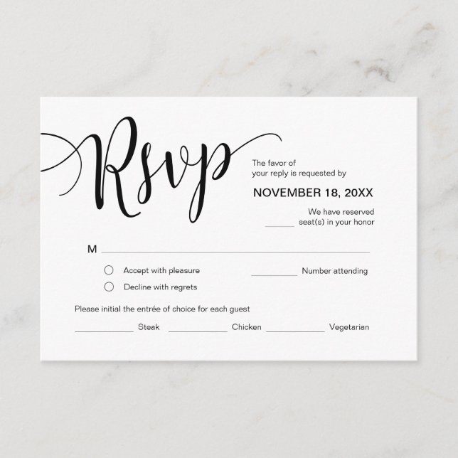 Beautiful Script, RSVP,  Black, Respond Enclosure Card (Front)