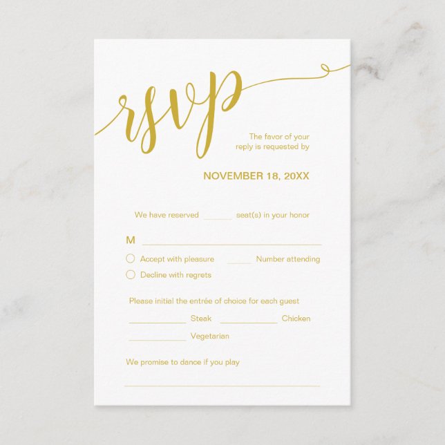 Beautiful Script, RSVP,  Yellow Gold, Respond Enclosure Card (Front)