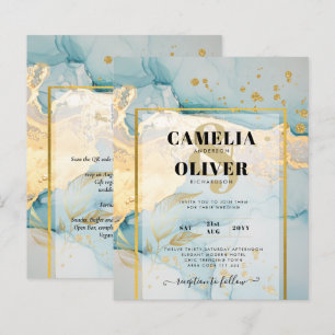 Beautiful Sea Glass Gold Wedding Invite Turquoise