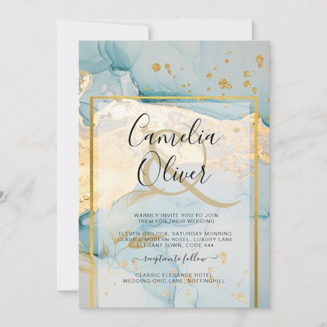 Beautiful Sea Glass Gold Wedding Invite Turquoise  (Front)