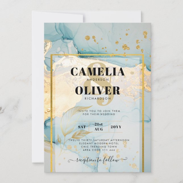 Beautiful Sea Glass Gold Wedding Invite Turquoise  (Front)