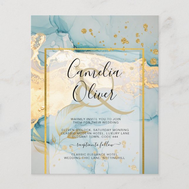 Beautiful Sea Glass Gold Wedding Invite Turquoise  Flyer (Front)