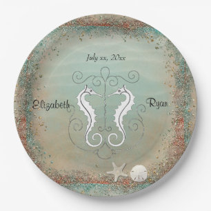 Beautiful Sea Horses, Beach Wedding, Seashells Paper Plate