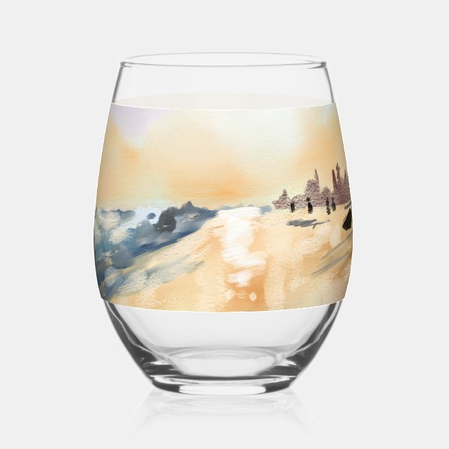 Beautiful sea side in oil painting stemless wine glass (Front)