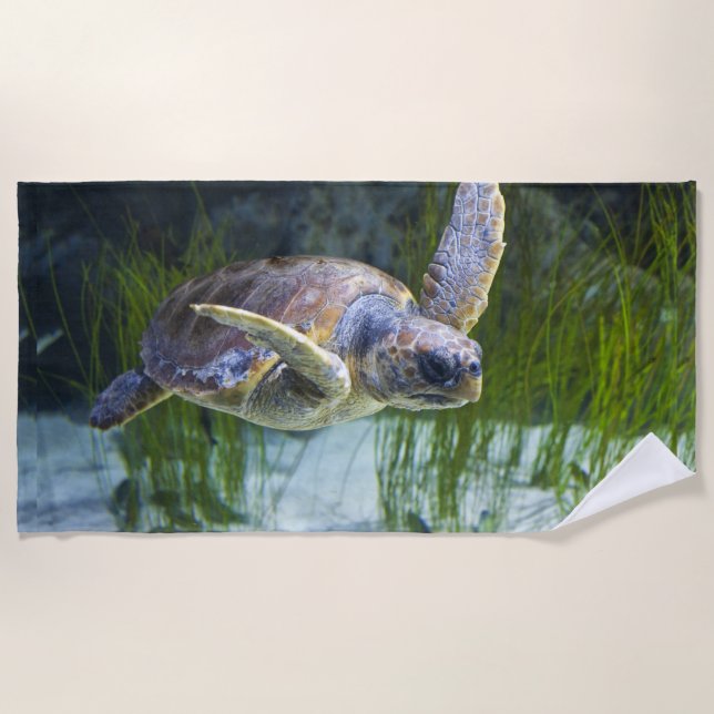 Beautiful Sea Turtle Swimming Beach Towel (Front)