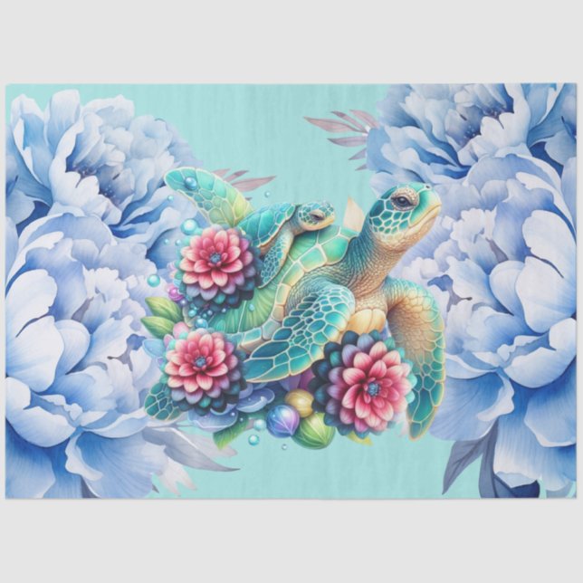 Beautiful Sea Turtles & Blue Peonies Decoupage  Tissue Paper (Front)