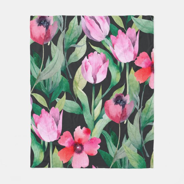 Beautiful seamless floral pattern with watercolor  fleece blanket (Front)