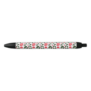 Beautiful seamless floral vine cherry pattern black ink pen