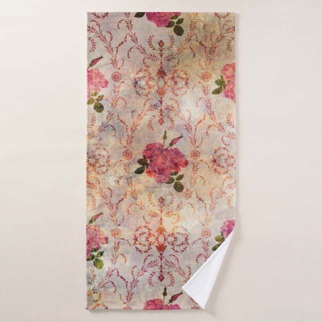 Beautiful seamless pink rose pattern grunge old st bath towel (Bath Towel)