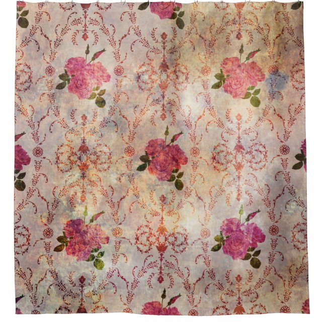 Beautiful seamless pink rose pattern grunge old st shower curtain (Front)