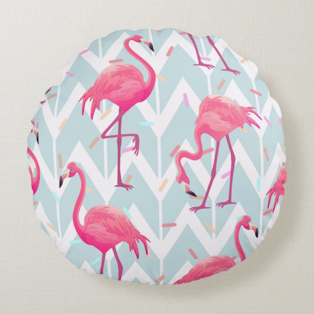 Beautiful seamless tropical pattern with pink flam round cushion (Front)