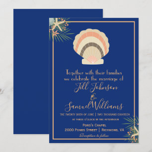 Beautiful Seashell Beach Theme Blue Wedding Invitation
