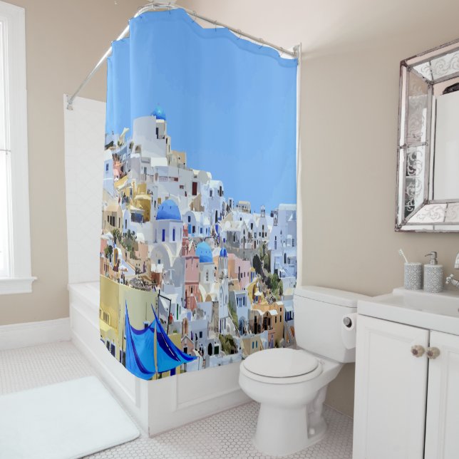 Beautiful Seaside Whitewashed Houses Greece Beach Shower Curtain (In Situ)