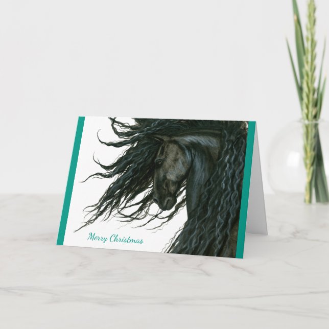 Beautiful Season Greeting Friesian Horse by Bihrle Holiday Card (Front)