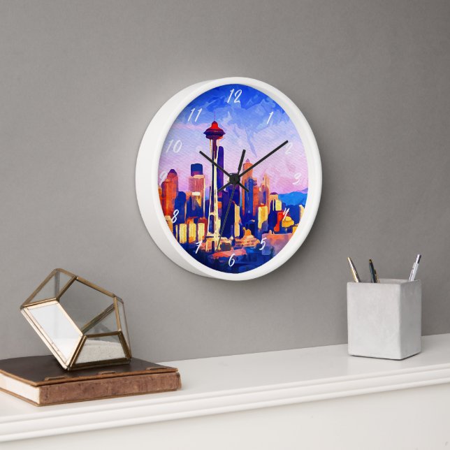 Beautiful Seattle Skyline Sunset Colours Watercolo Clock (Office)