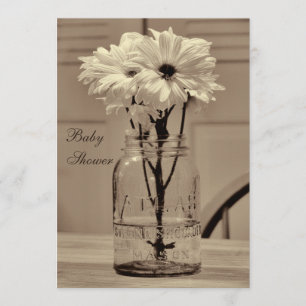Beautiful Sepia Mason Jar & Daisies Baby Shower Invitation