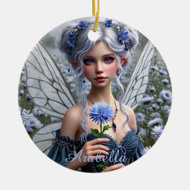 Beautiful September Fairy in Asters Ceramic Tree Decoration (Front)