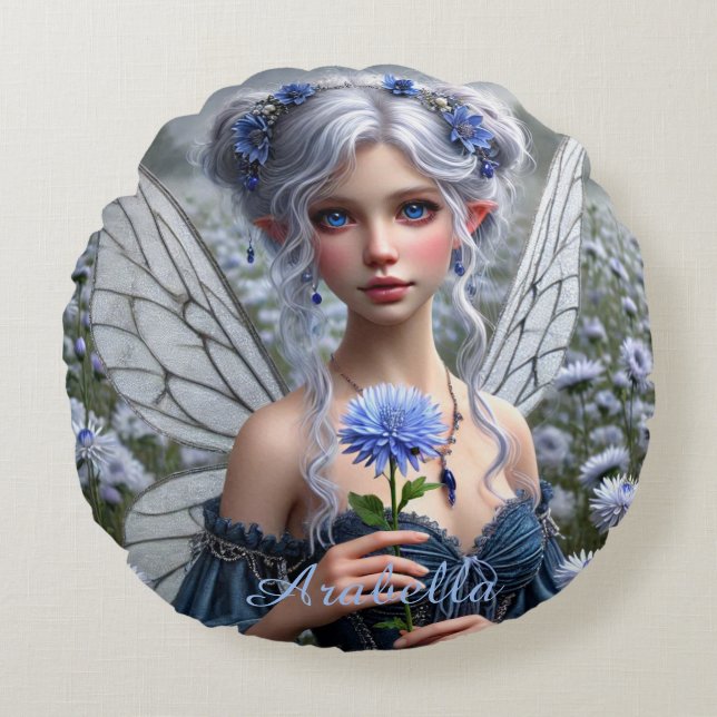 Beautiful September Fairy in Asters Round Cushion (Front)