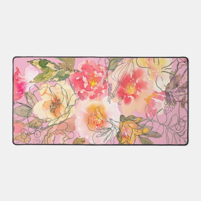 Beautiful Serene Pink and Yellow Floral Desk Mat (Front)