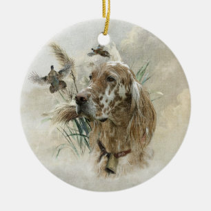 Beautiful Setter with Pheasants , Art Ceramic Tree Decoration
