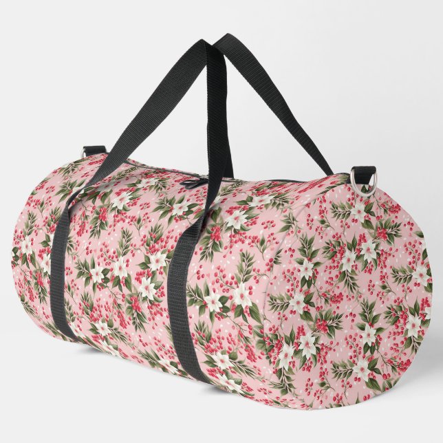 Beautiful Shabby Chic Pink Christmas Floral Berry Duffle Bag (Left Corner)