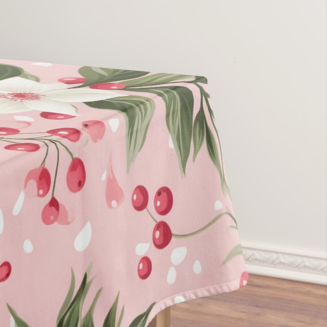Beautiful Shabby Chic Pink Christmas Floral Berry Tablecloth (In Situ)