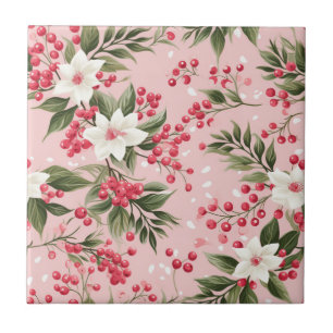 Beautiful Shabby Chic Pink Christmas Floral Berry Tile